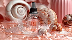 skin care routine, a dropper dispenses snail mucin serum on the skin for gentle massaging, resulting in a radiant photo