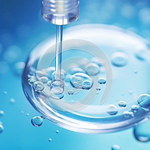 A dropper releases various bubble sizes of hyaluronic acid gel into a