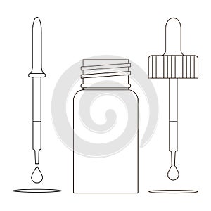 Dropper vial bottle with a pipette, eyedropper and drops. Outline and transparent vector clipart. 