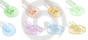 Droppers with serum on white background, set. Skin care product