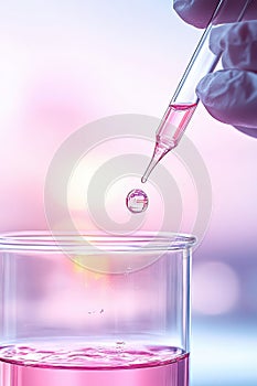 Dropping pink liquid from pipette into beaker with blurred background, science research, genetic experiments, liquid sample