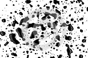 Drops of black paint splattered on a white background, texture