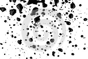 Drops of black paint splattered on a white background, texture