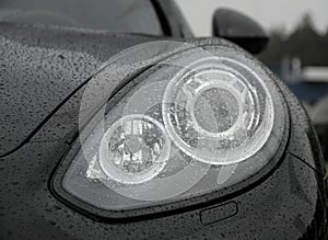 Drops on car headlights after water protection repellent coating