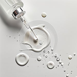Drops of cosmetic serum and a pipette. A skin care product. White background. Copy space