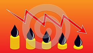 Drops of crude oil on coins - a symbol of falling prices, crisis and problems on the exchanges, a graph of falling oil demand in