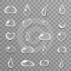 Drops 3d realistic liquid water surface icons set transparent background vector illustration