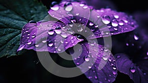 drops of dew on a purple flower leaf close-up, abstract illustration