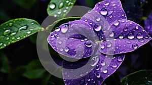 drops of dew on a purple flower leaf close-up, abstract illustration