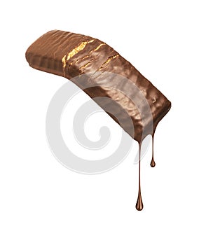 Drops dripping from a chocolate bar isolated on a white background