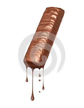 Drops dripping from a chocolate bar on a white background