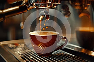 Drops of fresh coffee falling into a brown cup in a restaurant coffee machine