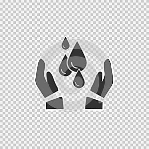 Drops in hands vector icon. Water care symbol. Simple isolated sign