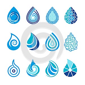 Drops icons. Water splashes abstract symbols for vector healthcare aqua h2o logo design