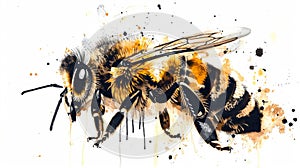 Drops of ink and golden hues coalesce to capture a bee mid-flight, blending spontaneity with the striking details of its