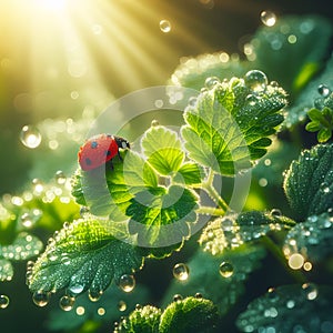 Drops of morning dew and ladybug on young juicy fresh green leaves glow in sunlight in nature