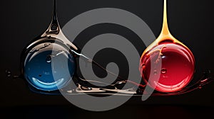 Drops oil different colors, splashes of water paint on dark background, macro. Oil refining industry, engine oil. 3d render