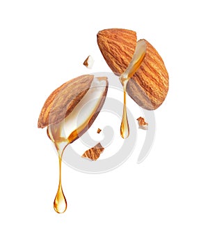 Drops of oil dripping from two cracked almonds close-up isolated on a white background