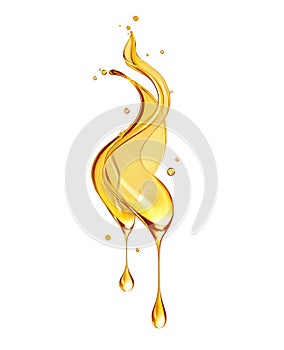 Drops of olive oil or oily cosmetic liquid dripping close up on a white background. Splashes and drops of yellow oily liquid