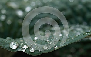 Drops of pure rain water on a leaf of a plant