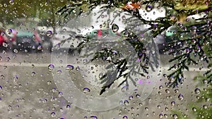 The drops of rain on the glass. In the background blurred cars. Trees move with the wind. The view through the window