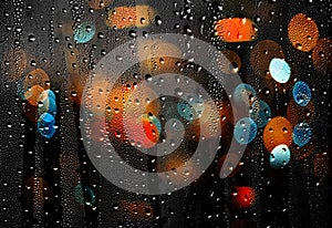 Drops of rain on glass with defocused lights. Abstract background