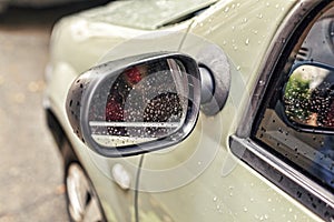 Car, mirror, automobile, view, closeup, drop, reflection, transportation, water, white, glass, rear, detail, dew,