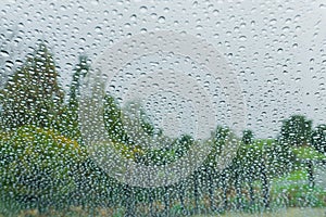 Drops of rain on the window; blurred trees in the background; shallow depth of field