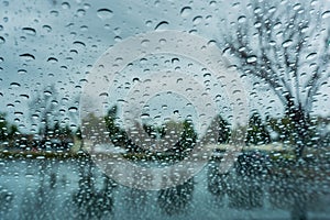 Drops of rain on the window; blurred trees in the background; shallow depth of field