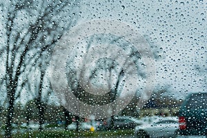 Drops of rain on the window; blurred trees in the background; shallow depth of field; California