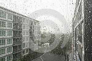 Drops of rain on a window pane.