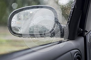 Drops of rainon a car mirror