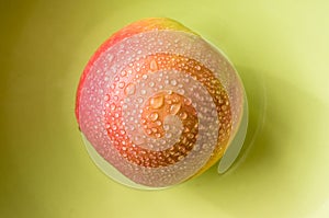 Drops on a red apple on a green plate