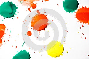 Drops of red, yellow and green paint are sprayed on a white background