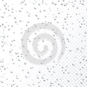 Drops seamless pattern. Water drops on transparent background. Rain drops. Realistic bubbles on transparent background. Vector