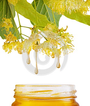 Drops of sweet honey dripping to jar