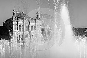 Close view of Plaza de EspaÃÂ±a and its fountain in black and white, Sevilla photo