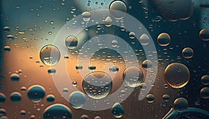 drops of water on a glass. Colorful rain abstract reflection droplets dew background wallpaper.