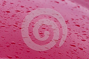 Drops of water on the red car roof, nature background