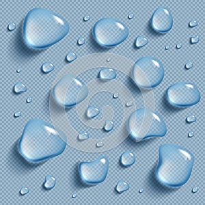 Drops of water on a transparent background. Vector realistic image