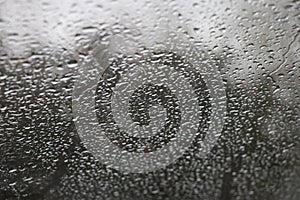 Drops of water on the windshield of a car.