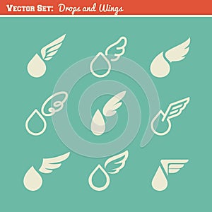 Drops and wings. Vector design elements