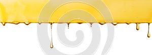 Drops of yellow oil on a white background, a flow of transparent golden liquid