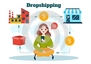 Dropshipping Business Vector Illustration with Businessman Open E-commerce Website Store and Let Supplier Ship Product