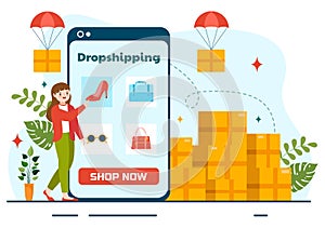 Dropshipping Business Vector Illustration with Businessman Open E-commerce Website Store and Let Supplier Ship Product