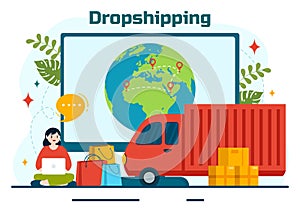 Dropshipping Business Vector Illustration with Businessman Open E-commerce Website Store and Let Supplier Ship Product