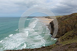 Droskyn Point and Perranporth coast North Cornwall England UK