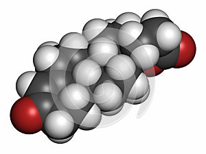 Drospirenone contraceptive drug molecule. Progestin used in birth control pills. Atoms are represented as spheres with