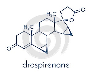 Drospirenone contraceptive drug molecule. Progestin used in birth control pills. Skeletal formula.