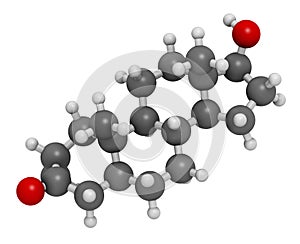 Drostanolone anabolic steroid molecule. 3D rendering. Atoms are represented as spheres with conventional color coding: hydrogen (